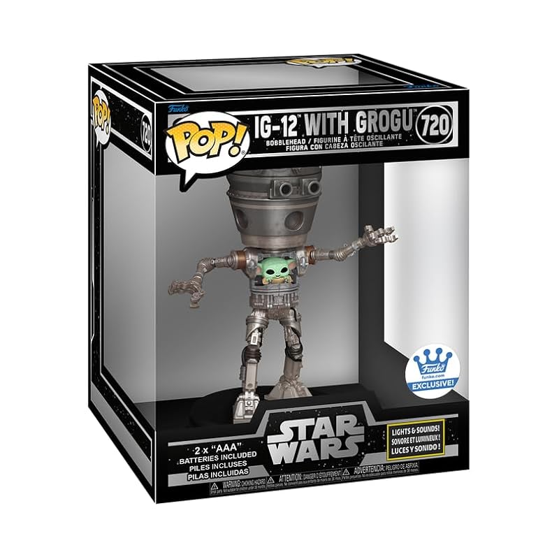 Bobbleheads Funko Funko Pop! Star Wars: The Mandalorian Lights and Sounds Deluxe IG-12 with Grogu, 6.75 inches